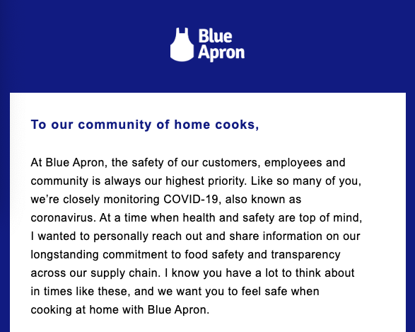 Blue apron email to customers about covid-19