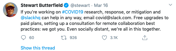 Slack CEO Butterfield COVID response Tweet