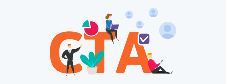 Three people standing next to a text block labeled 'CTA' illustrating personalized marketing concepts within HubSpot.