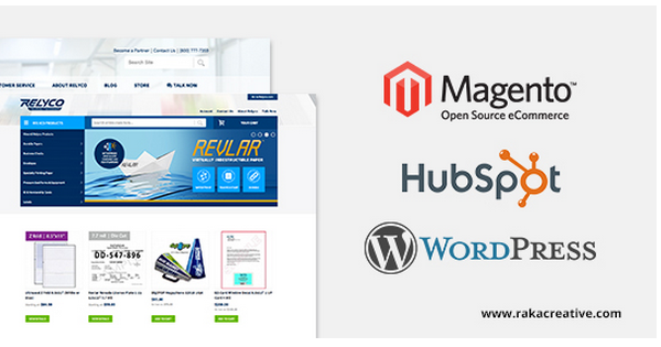 Graphic showcasing the Magento, HubSpot, and Wordpress logo