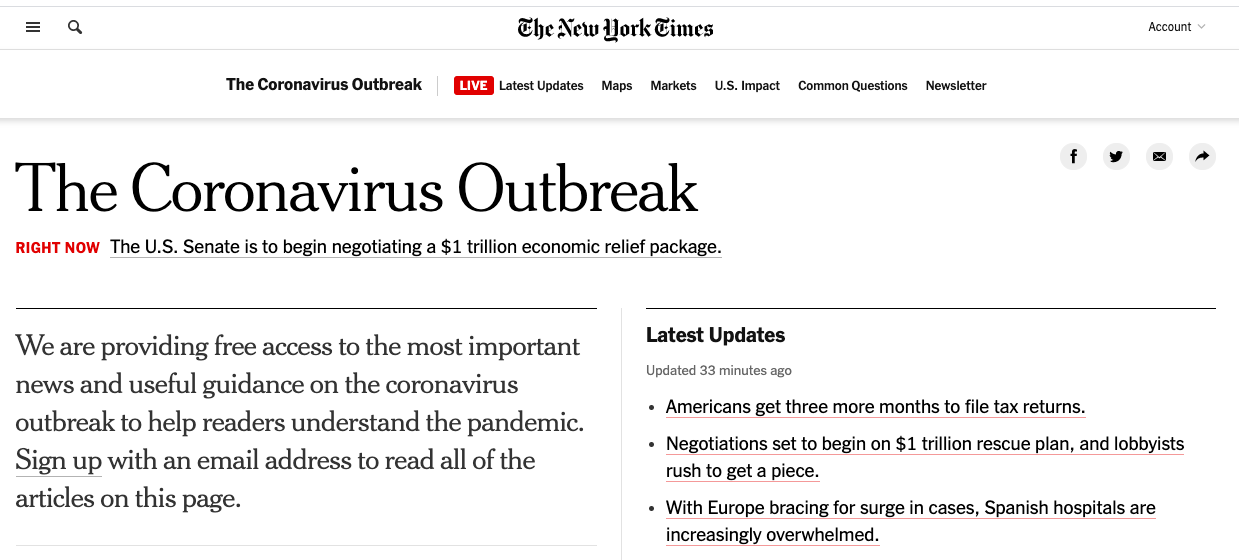 Corona virus coverage paywall free content NYT