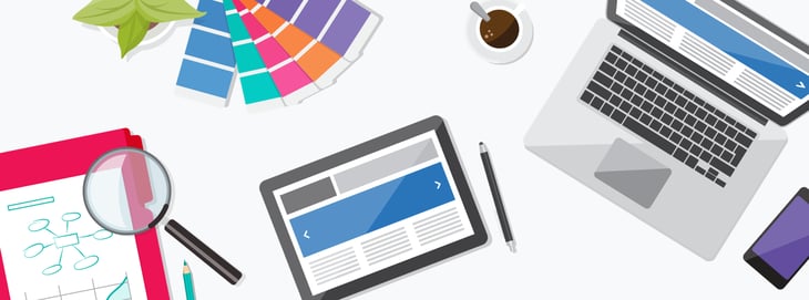 Illustration of a digital workspace with a laptop, tablet, smartphone, coffee cup, plant, color swatches, magnifying glass, and a notepad. Represents tools and resources commonly used in digital marketing.