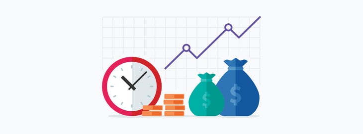 Icons representing time and money next to a line chart.