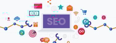 Illustration of a computer screen displaying the word 'SEO' surrounded by various marketing icons, highlighting the role of an SEO consultant.