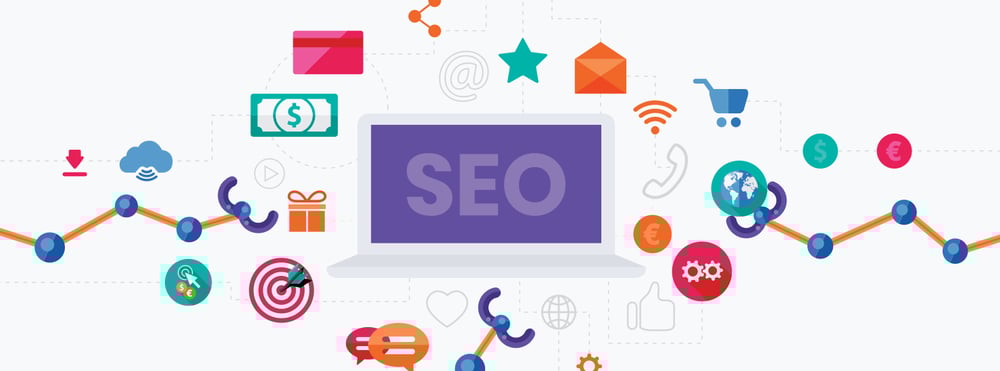 Illustration of a computer screen displaying the word 'SEO' surrounded by various marketing icons, highlighting the role of an SEO consultant.