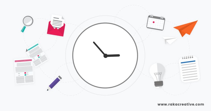 Graphic of a clock accompanied by various marketing symbols representing the timeline for content writing.