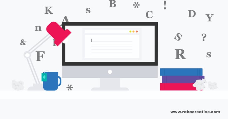Illustration of a computer and notebooks on a cluttered desk, surrounded by crumpled pieces of paper and various letters scattered in the background, representing writers block.