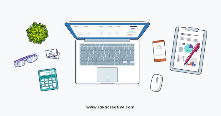 Illustration of a computer, calculator, and clipboard with data, symbolizing the process of choosing digital advertising channels and predicting ROI.