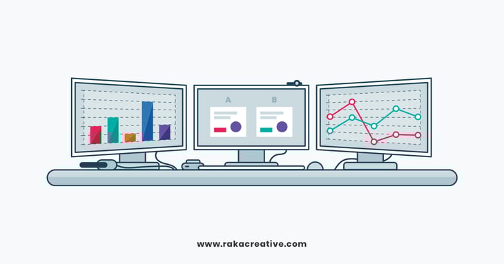 illustration of three monitor screens displaying data and graphs, representing common mistakes marketers should avoid in Meta advertising.