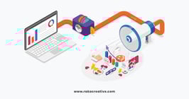 Graphic illustrating programmatic advertising, featuring a computer, speaker, and various content icons to symbolize digital media and automated ad targeting.