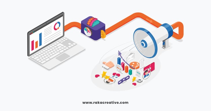 Graphic illustrating programmatic advertising, featuring a computer, speaker, and various content icons to symbolize digital media and automated ad targeting.