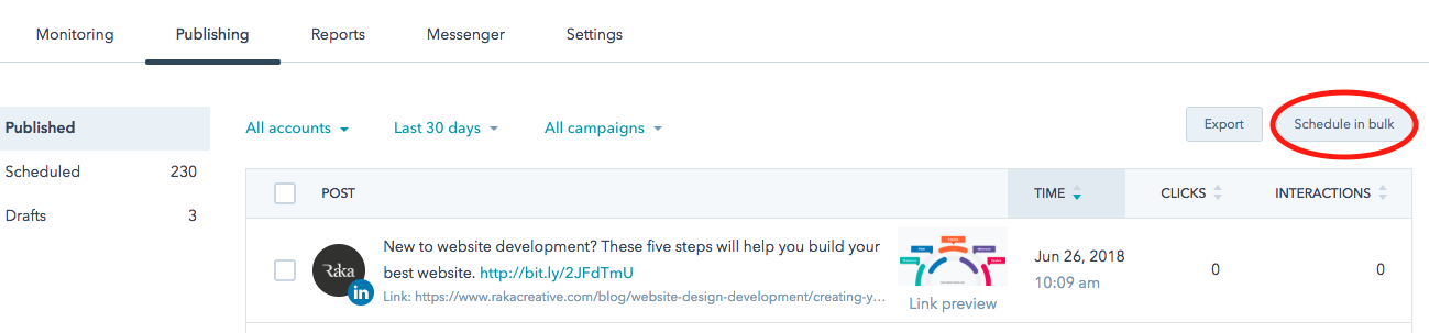 HubSpot schedule in bulk button.