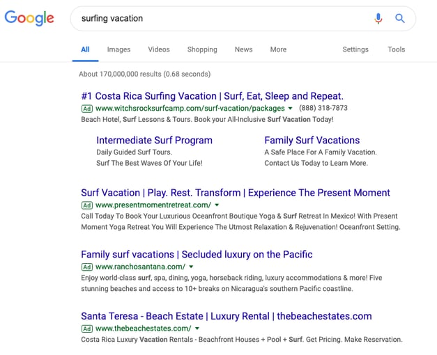 surfing vacation SERP 