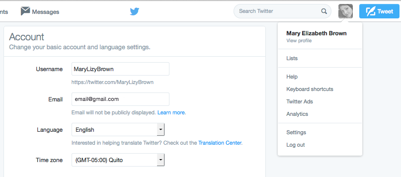 Twitter account settings