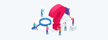 An illustration of a group of marketers next to a question mark icon, symbolizing advertising strategies during uncertain times.