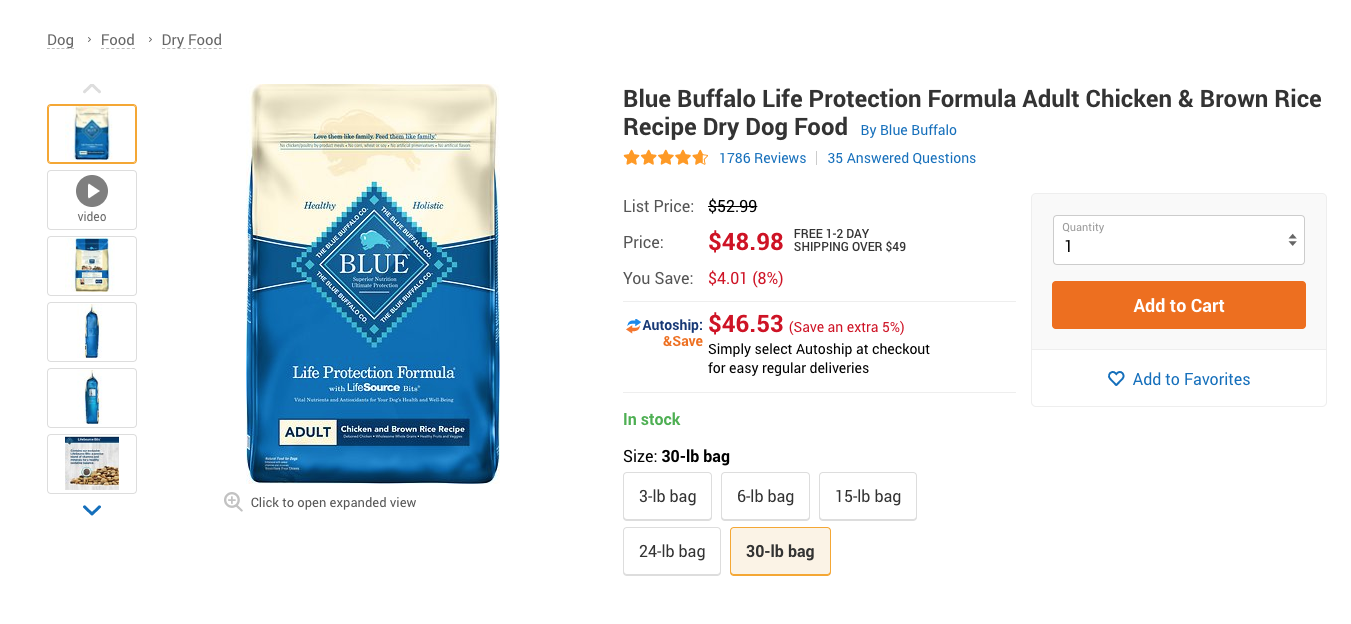 Chewy.com product page blue buffalo inbound marketing content