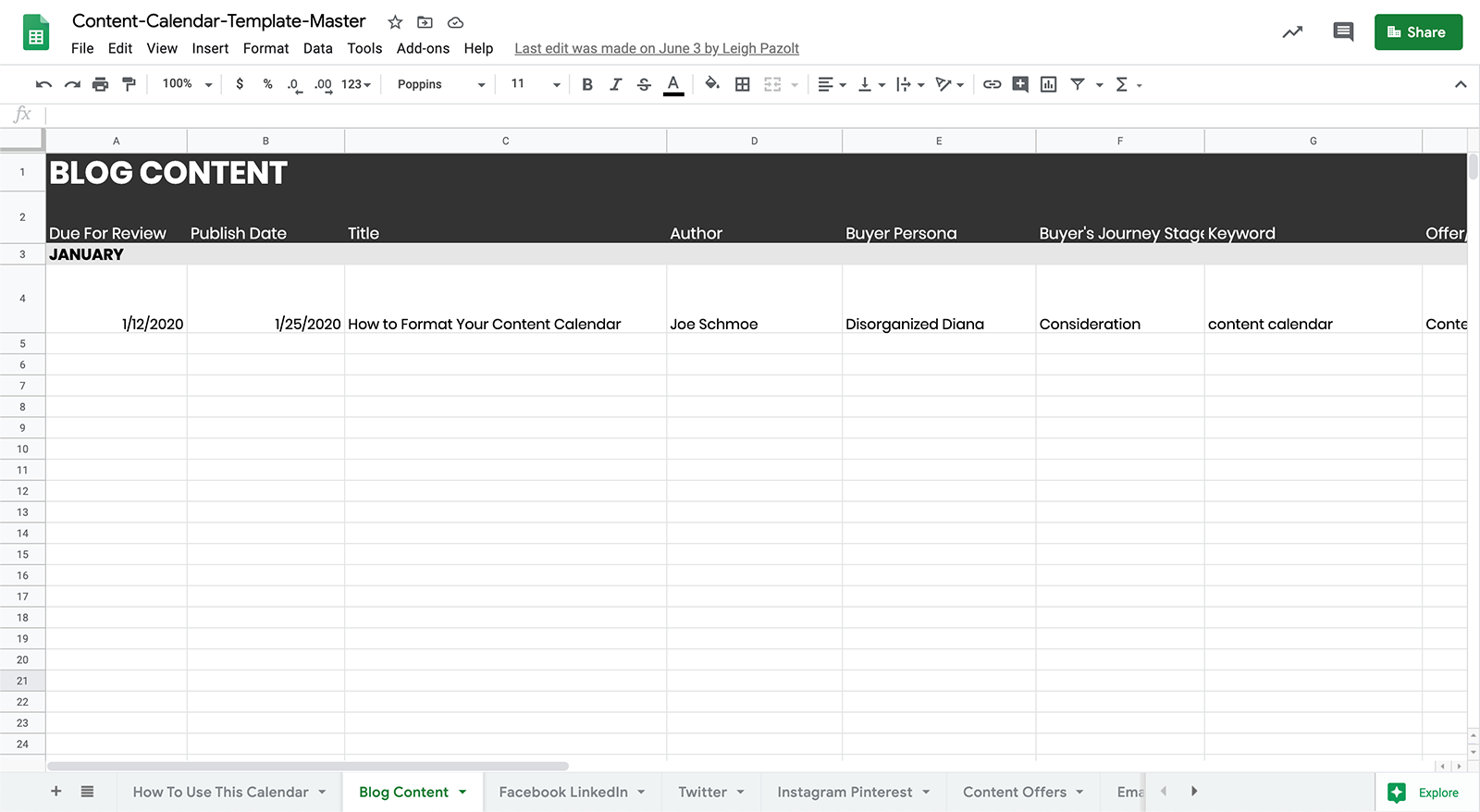 content calendar example