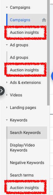 Google Ads Auction Insights Menu