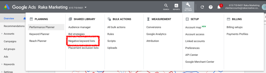 Google Ads negative keyword lists menu