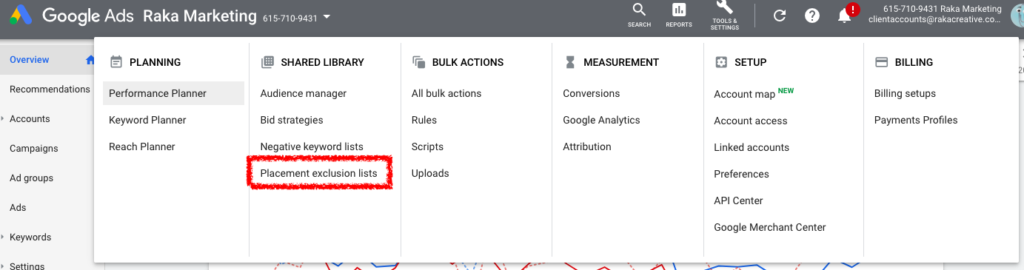 Google Ads Display Placement Exclusions Menu