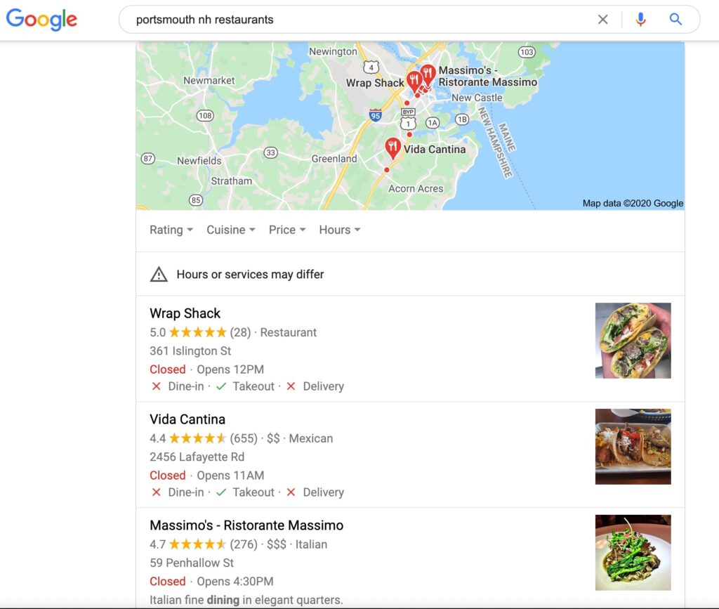 google local pack showing portsmouth nh restaurants