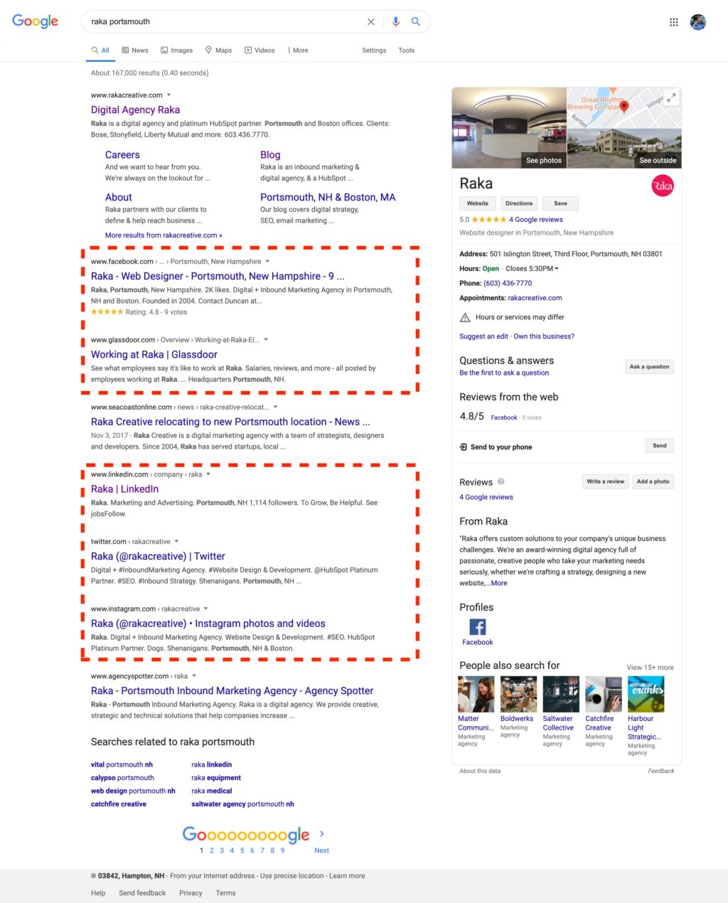 Google SERP showing social media listings for Raka