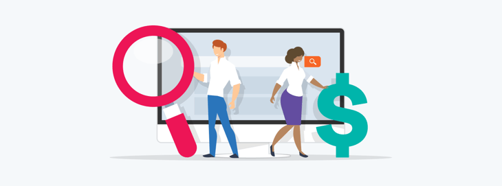 Illustration of two people standing with a large magnifying glass and dollar sign, representing the use of paid search strategies to boost organic search results and increase conversions.