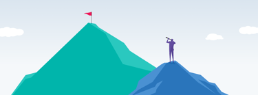 An illustration of a man climbing a mountain, symbolizing ranking higher within search engines.