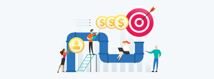 Illustration of a sales pipeline with people interacting with various stages, representing the concept of managing and optimizing sales pipelines to increase revenue.