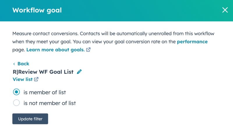 Setting up HubSpot workflow goal