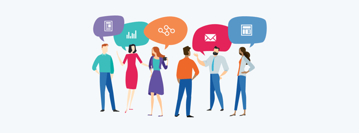 Illustration of people conversing with marketing icons in speech bubbles, emphasizing the principles of inbound methodology.