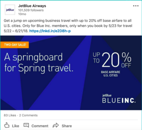 JetBlue promotional ad on LinkedIn