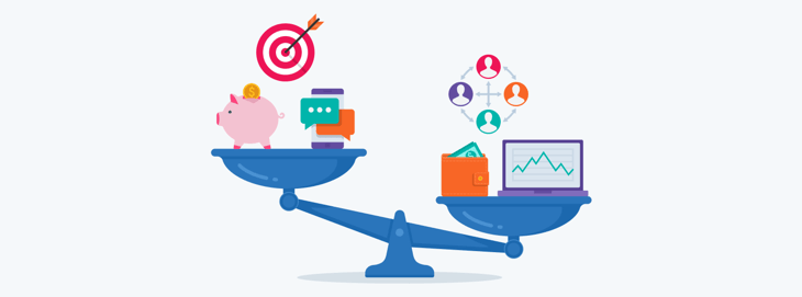 An illustration depicting a balanced scale, with several digital marketing icons, highlighting the balance between budgeting and strategic advertising.
