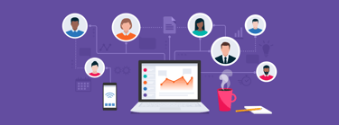 Illustration of connected LinkedIn profiles, a laptop with analytics, and a smartphone, symbolizing LinkedIn lead generation.