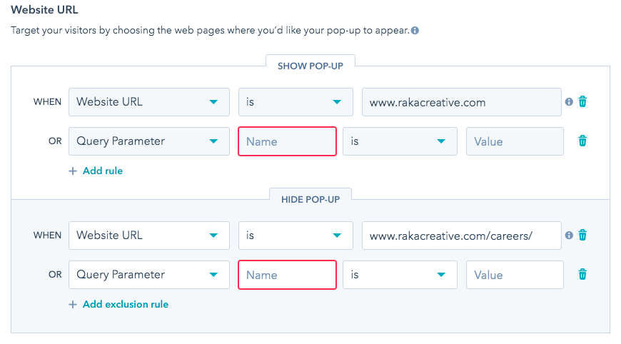 Exclusion rules for website URL or query targeting