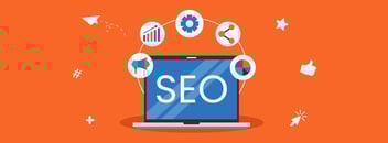 A computer screen displaying the text 'SEO', surrounded by various marketing icons, representing digital marketing strategies and optimization techniques.