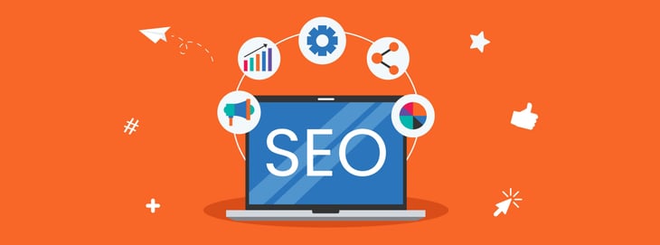 A computer screen displaying the text 'SEO', surrounded by various marketing icons, representing digital marketing strategies and optimization techniques.