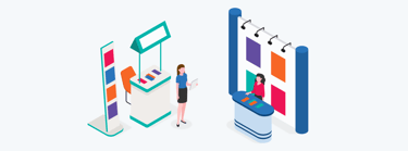  Illustration of an event marketing setup with two booths and representatives engaging with visitors, showcasing strategies to attract leads and drive sales.