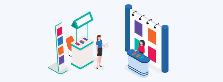  Illustration of an event marketing setup with two booths and representatives engaging with visitors, showcasing strategies to attract leads and drive sales.