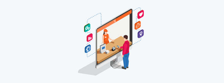  Illustration of a cashier interacting with a customer, symbolizing the transition of marketing and sales processes to an online platform using HubSpot tools.