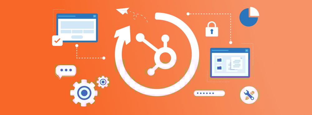 HubSpot tools and icons, including workflows, analytics, and automation, symbolizing streamlined review generation.