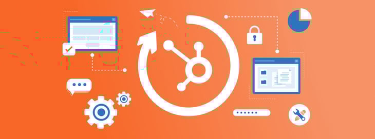 HubSpot tools and icons, including workflows, analytics, and automation, symbolizing streamlined review generation.