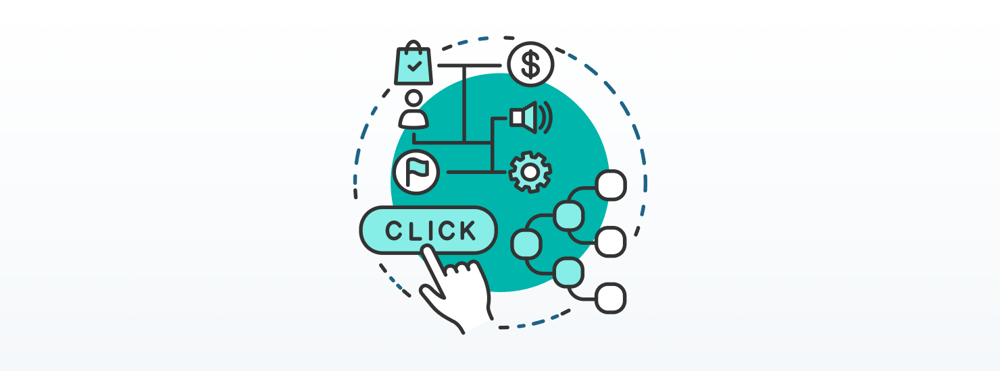 An illustration featuring a hand clicking a button labeled 