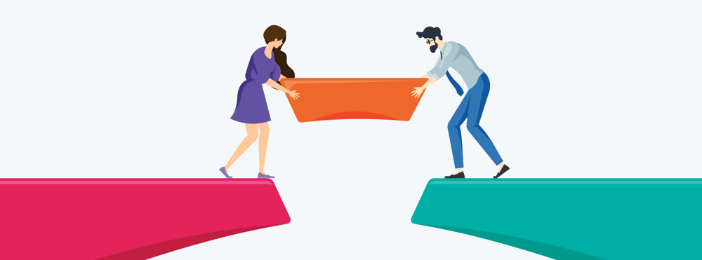 A marketer symbolically passing a lead to the sales team.