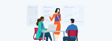An illustration of colleagues discussing digital advertising results.