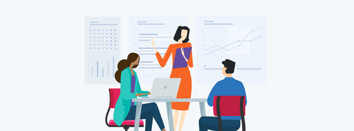 An illustration of colleagues discussing digital advertising results.