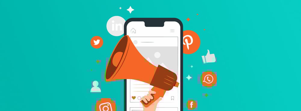 Graphic of an iPone displaying a social media app and a megaphone, representing how to reach people with a social media strategy