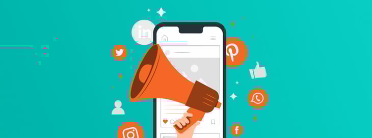 Graphic of an iPone displaying a social media app and a megaphone, representing how to reach people with a social media strategy