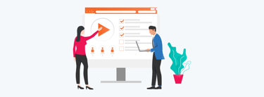Graphic depicting two colleagues planning a successful webinar.