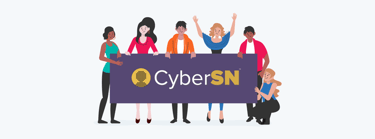 Illustration of a group of marketers holding a sign displaying the CyberSN logo.